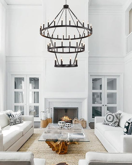 53" W Extra Large Black Wagon Wheel Chandelier, 3 Tier 48-Light Farmhouse Pendant Light Fixture for High Ceilings, Industrial Round Chandeliers for Dining Room Stairs Entryway Foyer, E12