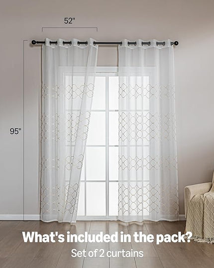 Amazon Basics 2-Piece Embroidery Sheer Curtain Set, Light Filtering Hollow Drapes for Living Room and Bedroom, 52" W × 95" L, White Scale