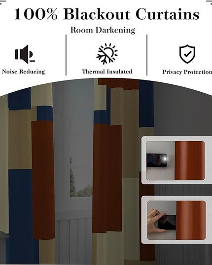 Terracotta Blue 100% Blackout Curtains for Bedroom 63 inch Long 2 Panels Set Modern Abstract Geometric Black Out Curtains Insulated Room Darkening Window Drapes for Living Room, 52Wx63L
