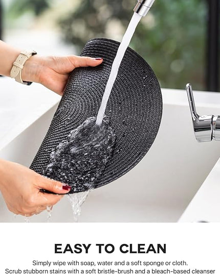 Round Placemats Set of 4 Plastic Woven Placemats Washable Wipeable Table Mats for Dining Table Heat Resistant Non-Slip Circle Place Mats (Black)
