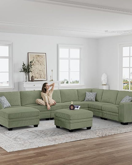 Legend Vansen Sectional Couches for Living Room,L-Shaped Corduroy Sofa with Ottoman for Living Room,Bedroom and Apartment (Olive, U-9)