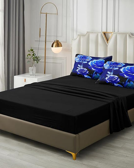 Merryword 8 Pcs Bed in a Bag Blue Rose Comforter Set King Size Rose Flower Bedding Set Romantic Love Valentine Bedding Comforter Set