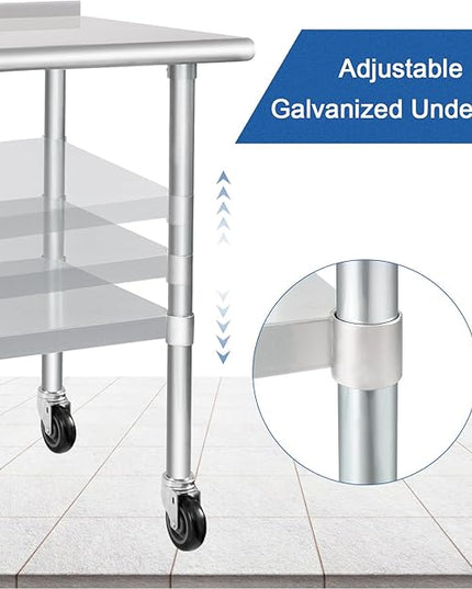 HARDURA Stainless Steel Table 24 x 72 Inches with Wheels Casters NSF Heavy Duty Commercial Prep Table with 2” Backsplash and Adjustable Undershelf for Restaurant Kitchen Home and Hotel