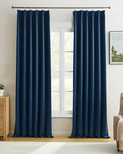 Pinch Pleated Curtains 138 Inches Long 2 Panels Set, Thermal Insulated Blackout Room Darkening Curtain for Bedroom,Window Draperies with Hooks(Navy Blue,40x138-inch)