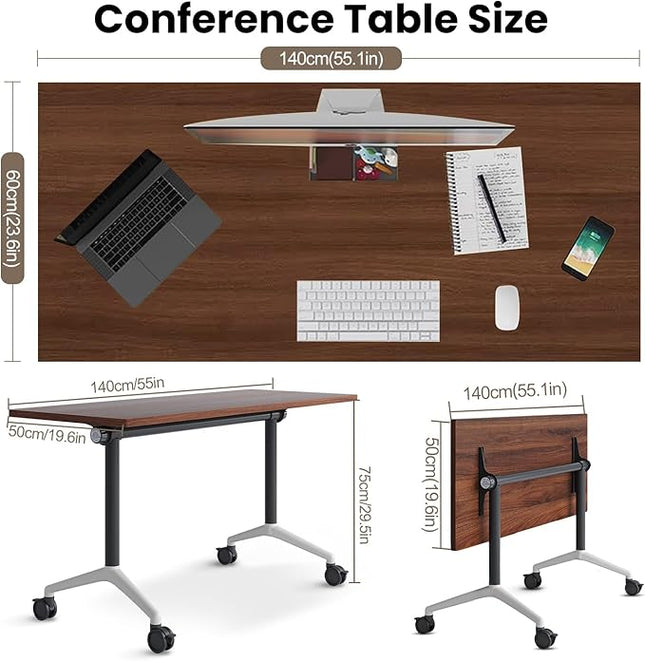 Conference Table, Folding Conference Room Tables, Modern Flip Top Seminar Training Meeting Table with Wheels, Modular Foldable Conference Tables for Home Office Classr (Brown 6 Pack 70.8inch)