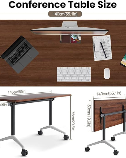 Conference Table, Folding Conference Room Tables, Modern Flip Top Seminar Training Meeting Table with Wheels, Modular Foldable Conference Tables for Home Office Classr (Brown 10 Pack 47.2inch)