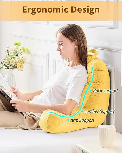 Sasttie Reading Pillow, Velvet Back Pillow for Bed Sitting Up, Adult Back-Rest Support Cushion with Arms for Sit Up on Couch, Sofa, and Floor, Dorm Essentials, Reading Accessories, Yellow