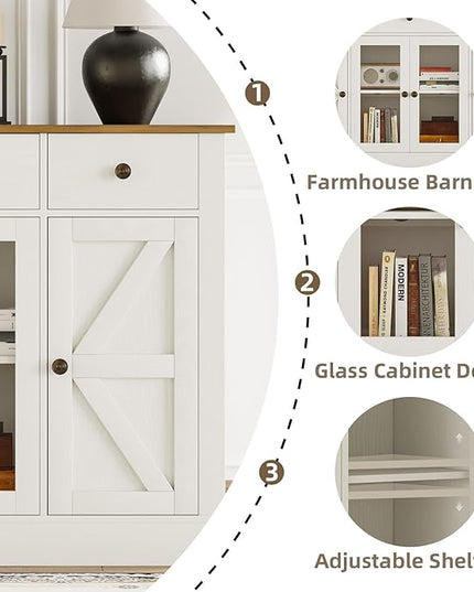 4 EVER WINNER 55" Buffet Cabinet with Storage, Farmhouse Coffee Bar Cabinet with Glass Doors and Drawers, Sideboard Cabinets with Adjustable Shelves for Living Room, Kitchen, White