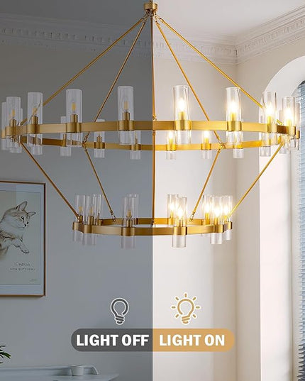60 Inch Gold Wagon Wheel Chandelier with Glass Shade, 30 Lights, 2 Tier Round Modern Farmhouse Chandelier, High Ceilings Pendant Lighting Fixture for Dining Room, Living Room, Kitchen, Foyer