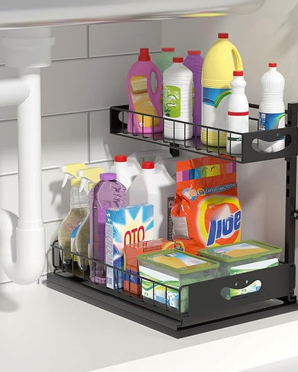 Under Sink Organizer with Pull-Out Drawers,Kitchen Sink Organizer,2 Tier Bathroom Organizers And Storage,Bathroom Accessories Set,Black 1 Pack