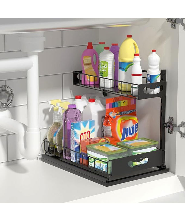 Under Sink Organizer with Pull-Out Drawers,Kitchen Sink Organizer,2 Tier Bathroom Organizers And Storage,Bathroom Accessories Set,Black 1 Pack