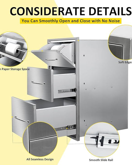 Outdoor Kitchen Drawers with Paper Towel Holder 17" W x 30"H Flush Mount BBQ Drawers with Chrome Handle,Stainless Steel Built-in Triple Access Drawers for Outdoor Kitchen Island, Patio Grill Station