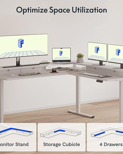 FLEXISPOT 63" L Shaped Standing Desk with Shelf Electric Corner Table, Drawers, Adjustable Computer Workstation for Home, Office,63x55in, White Top + White Frame
