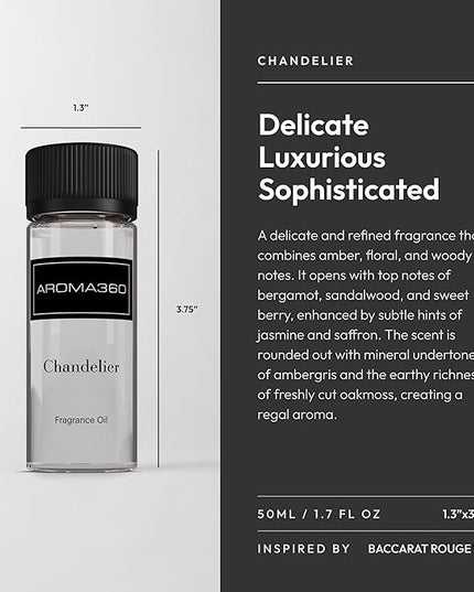 Aroma360 - Chandelier Fragrance Oil Blend | Hotel Inspired for Luxury Essential Oil Diffusers | Aromatherapy Scent Diffuser Oil | Bergamot, Woodsy Sandalwood, and Flirtatious Saffron - 50ML