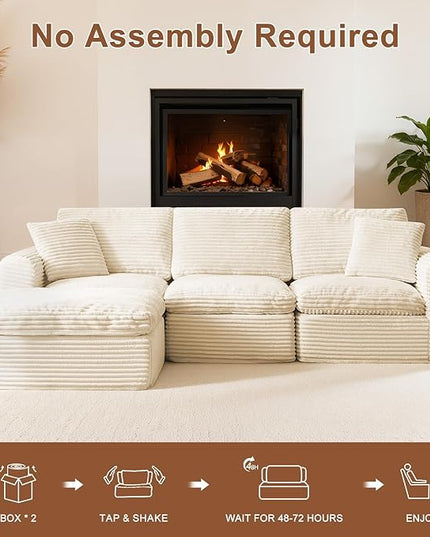 108” Modular Sectional Sofa Couches L Shaped Couch 3 Seater Cloud Sofa Memory Foam Sectional Couches for Living Room, Boneless Couch with Ottoman, Corduroy, Beige