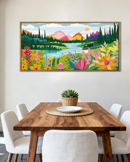 ANHUIB Large Colorful Wall Art 20x40 Inch Framed Abstract Floral Wall Decor Forest Woodland Painting Muticolor Mountain Range Illustration for Living Room Dining Room Bedroom