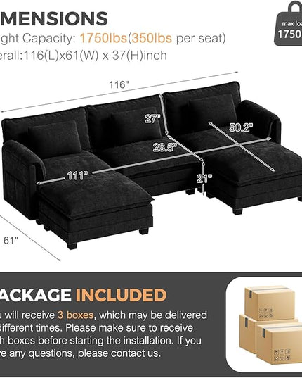 ELUCHANG Oversized 116" Modular Sectional Sofa, Comfy Cloud Couch, U Shaped Deep Seat Sofa Couches for Living Room, 5-Seater Modern Sofa with Movable Ottoman, DIY Combination - Chenille Black