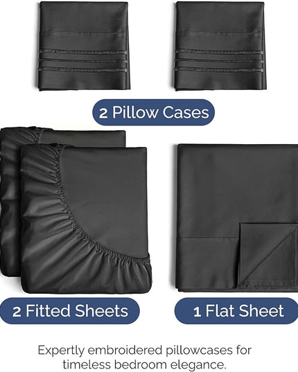 Split King Size 5 Piece Sheet Set - Comfy Breathable & Cooling Bed Sheets Set - Hotel Luxury Bedding for Women, Men, Kids, Teens, Boys & Girls - Deep Pockets, Soft and Wrinkle Free - Oeko-Tex - Black