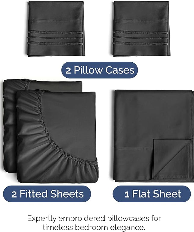 Split King Size 5 Piece Sheet Set - Comfy Breathable & Cooling Bed Sheets Set - Hotel Luxury Bedding for Women, Men, Kids, Teens, Boys & Girls - Deep Pockets, Soft and Wrinkle Free - Oeko-Tex - Black
