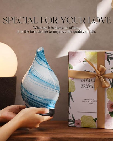 Porseme 150ml Essential Oil Diffuser Glass Color Changing Aroma Air Diffusers Aromatherapy Ultrasonic Cool Mist Humidifier 6 Running Hours Waterless Auto-Off for Sleeping Yoga Office Spa (Blue Ink)