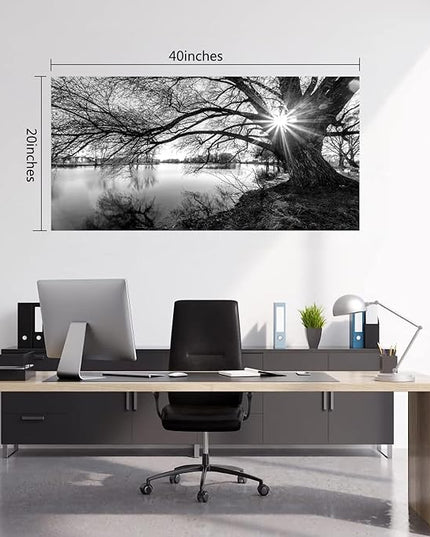 LKY ART Wall Art Decor Black and White Lake Landscape Canvas Wall Art Old Tree Silhouette with Sunburst Nature Photography Print Picture Artwork for Living Room Office Bedroom 20 x 40 inches