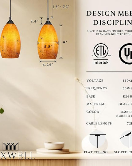 Pendant Lighting, Modern Handblown Amber Color Glass, Oval Art Shade Hanging Light, Oil Rubbed Bronze Finish for Kitchen, Dining Room, Foyer Decor 4.7" Shade (1 Pack)