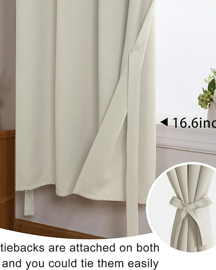JIUZHEN Short Curtains Kitchen Half Window Blackout Curtains with Tiebacks for Baseroom Shadows, Grommet Curtains for Living Room, Set of 2 Window Curtain Panels, 52 x 30 Inch Length，Ivory