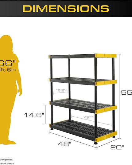 CX Black & Yellow, 4-Tier Heavy Duty Plastic Storage Shelving Unit, 200lbs/shelf (55"H x 48"W x 20"D), for Garage Tools, Basement & Outdoor Organization, Modular Rack