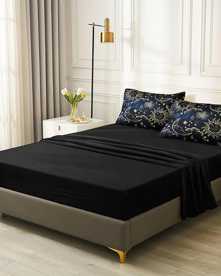 Merryword 6 Pieces Universe Bed in a Bag Sun and Moon Comforter Set Twin Size Galaxy Bedding Blue Gold Moon Star Pattern Bohemian Gothic Comforter Set for Boys Girls Women