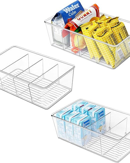 wilfox Pantry Organization, 3 Pack Clear Organizer Bins with Removable Dividers for Pantry, Kitchen, Fridge, Cabinet, Stackable Storage Bins for Snack, Pouches, Spice Packets