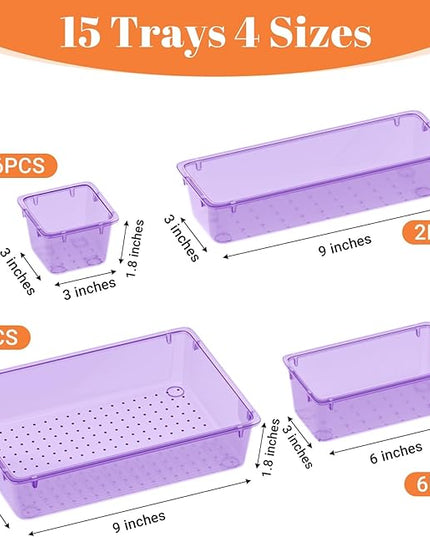 15 PCS Clear Plastic Drawer Organizer Set, 4-Size Acrylic Drawer Storage Trays, Storage Bins for Makeup, Gadgets, and Jewelry in Bathroom, Bedroom and Office, Clear Purple