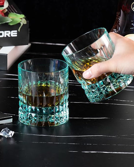 KAMMAK Crystal Whiskey Glasses Set, 7.8 oz (230 ml) Hand Blown Old Fashioned Tumbler, Thick Base Colored Glass with Delicate Rim & Seamless Design for Scotch, Bourbon, Cocktails, Aqua Green