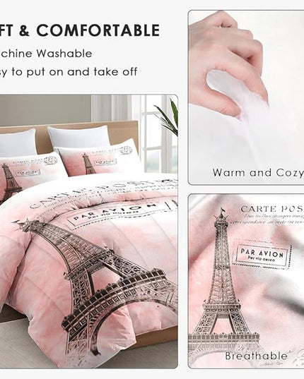 Twin Size Comforter Set with Pillowcase, Paris Eiffel Tower 2 Pcs Bedding for Kids and Adults, Beautiful Pink Place Soft Comforter Set for Bedroom Bed Decor