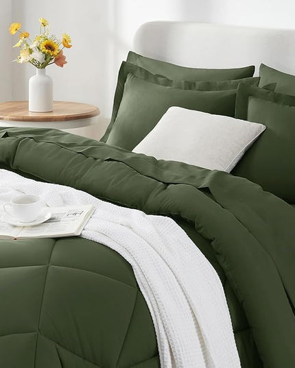 CozyLux Full Size Comforter Sets Olive Green - 7 Pieces Bed in a Bag Full, Luxury Soft Bed Set for All Seasons, Bedding Set with Down Alternative Comforter, Sheets, Pillowcases & Shams