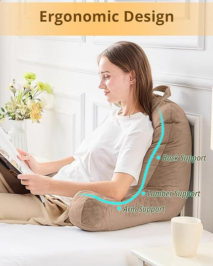 Sasttie Reading Pillow, Velvet Back Pillow for Bed Sitting Up, Adult Back-Rest Support Cushion with Arms for Sit Up on Couch, Sofa, and Floor, Dorm Essentials, Reading Accessories, Light Brown