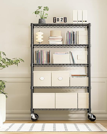 IZEUK 5-Tier Adjustable Heavy Duty Steel Wire Shelving Unit with Wheels, Storage Rack Organizer for Garage, Kitchen, Office, Laundry, Basement (Black, 17.7" D x 47.2" W x 76.7" H, 1750 lbs Capacity)