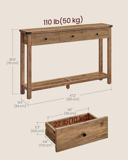 VASAGLE LIRY Collection - Console Table with 3 Drawers and Open Storage Shelf, Narrow Entryway Sofa Table for Living Room, Farmhouse Style, Metal Corners, Honey Brown ULNT142KB02S