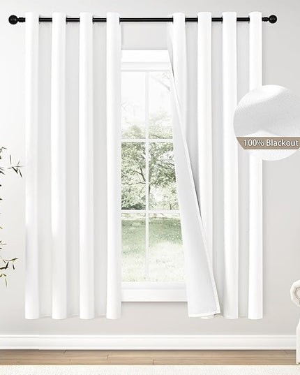 ChrisDowa 100% Blackout Pure White Solid Curtains 72 Inches Long 2 Panels for Bedroom Living Room,Farmhouse Room Darkening Thermal Insulated Soundproof Grommet Top Window Treatment Drapes,52x72