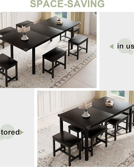 Feonase 7-Piece Dining Table Set with 6 Stools, 63" Large Extendable Kitchen Table Set for 4-8, Mid-Century Dining Room Table with Heavy-Duty Frame, Easy Assembly, Black