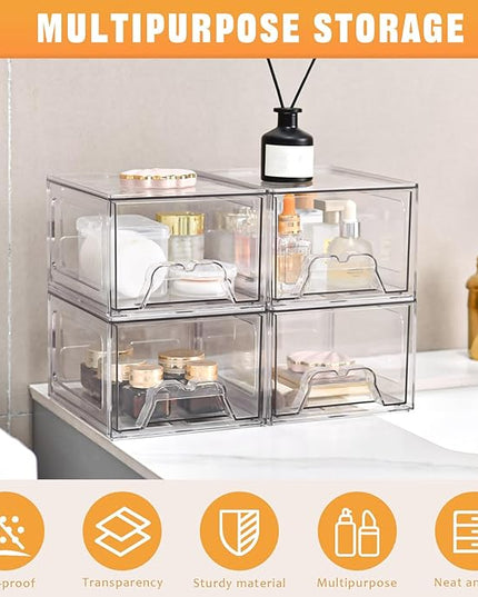 8 Pack Stackable Makeup Organizer, 4.4'' Tall Acrylic Bathroom Makeup Organizer and Storage Drawer with Pull-out Handle, Clear Plastic Storage Bins for Vanity,Pantry,Desk,Undersink,Kitchen