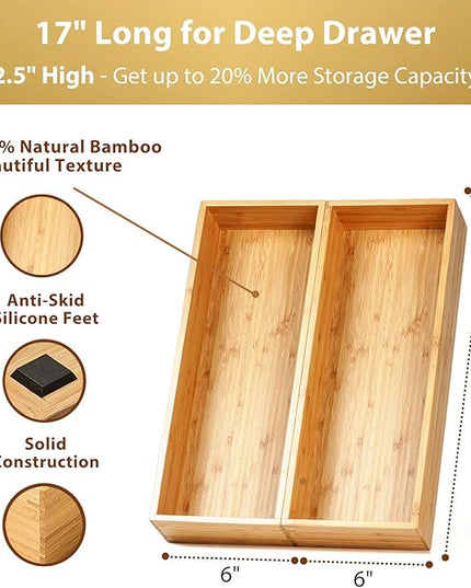 Umilife Bamboo Kitchen Utensils Organizer, Extra Long High Silverware Drawer Holder, Flatware Cutlery Storage Box, Multi-Use Drawer Divider in Office, Bathroom, Pantry - 17"x6"x2.5" (Set of 2)