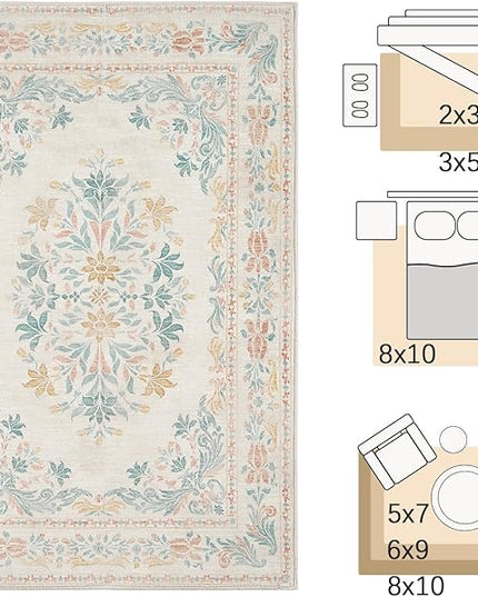 jinchan Vintage Floral 6x9 Area Rugs for Living Room - Machine Washable Distressed Design Soft Throw Rug Ultra-Thin Non-Slip Large Carpet for Bedroom Nursery Dining Room Home Office (6x9ft, Apricot)