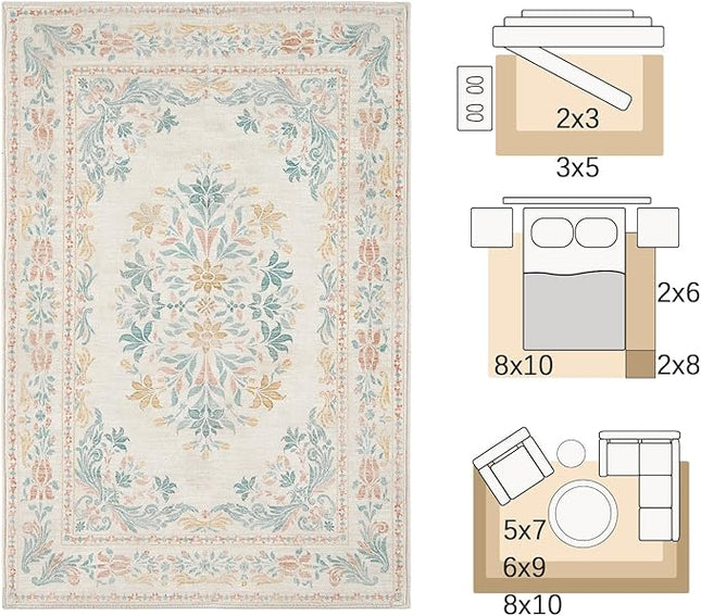 jinchan Vintage Floral 6x9 Area Rugs for Living Room - Machine Washable Distressed Design Soft Throw Rug Ultra-Thin Non-Slip Large Carpet for Bedroom Nursery Dining Room Home Office (6x9ft, Apricot)