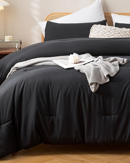 ROSGONIA King Size Comforter Set Black, 3pcs (1 Black Comforter & 2 Pillowcases), All Season Bedding Lightweight Bedspread Blanket Quilt Bed Set