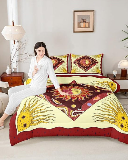 Sun Moon Kids Comforter Set Full Size,Starry Sky Galaxy Psychedelic Bedding Set,Boys Girls Adults Room Decor,Bohemia Exotic Geometric Creative Down Comforter,Red Retro Duvet Insert,2 Pillowcases