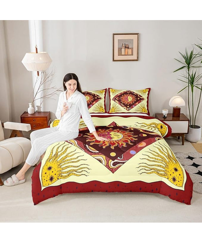 Sun Moon Kids Comforter Set Twin Size,Starry Sky Galaxy Psychedelic Bedding Set,Boys Girls Adults Room Decor,Bohemia Exotic Geometric Creative Down Comforter,Red Retro Duvet Insert,1 Pillowcase