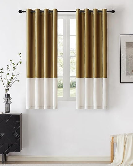 BULBUL Color Block Window Curtains Panels 63 inches Long Gold Ivory Velvet Farmhouse Drapes for Bedroom Living Room Darkening Treatment with Grommet Set of 2