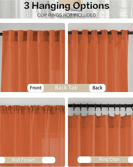 Rust Sheer Linen Curtains 96 Inch Long for Living Room 2 Panels Back Tab Pocket Soft Light Weight Airy Semi Privacy Linen Sheer Curtains for Bedroom Dining Cottage Urban Decor 8 FT 52x96 Burnt Orange