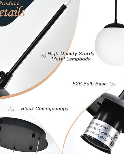KoKo&Yukina 3 Light Globe Glass Pendant Light Modern Black Globe Chandelier Adjustable Length Pendant Light Fixtures Milky White Glass Ceiling Light for Foyer Hallway