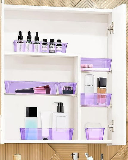 10 PCS Drawer Organizer Set, 4 Varied Size Bathroom and kitchen Drawer cabinet organizer Trays, Clear Storage Bins for Makeup, Jewelry, Utensils and Gadgets, Purple